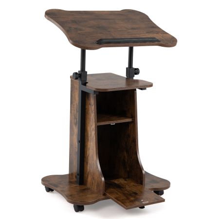 Escritorio móvil con altura ajustable y tablero inclinable, ideal para trabajo de pie o sentado en oficina o salón.