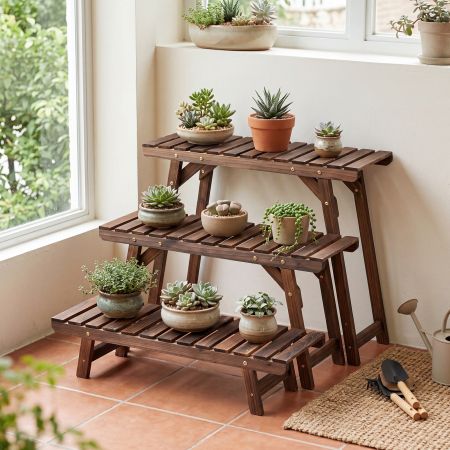 Estante para plantas de madera de abeto carbonizado de 3 niveles, ideal para interiores y exteriores en color marrón.