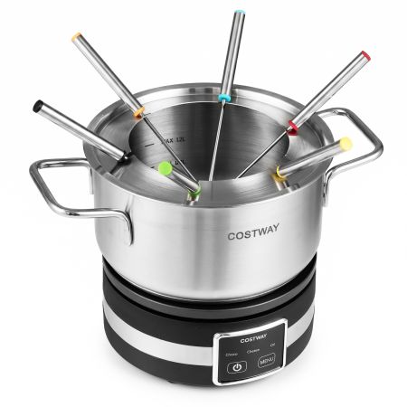 Fondue eléctrica de 1200 W con recipiente de acero inoxidable y 6 tenedores codificados, ideal para chocolate y queso.