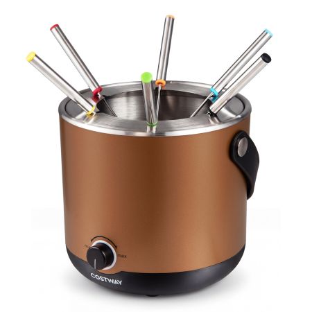 Olla eléctrica de fondue de 800W con capacidad de 2L, incluye 6 tenedores de colores, ideal para fiestas y reuniones.