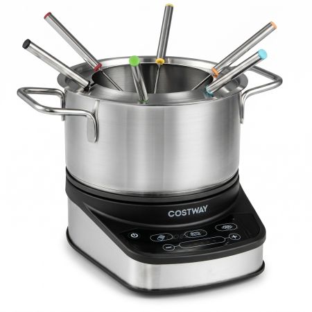 Fondue eléctrica de acero inoxidable de 3 L con 15 niveles de temperatura y 6 tenedores, ideal para grupos grandes.