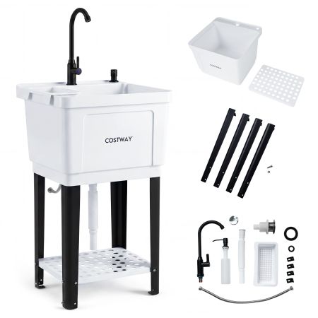 Fregadero independiente de plástico con patas metálicas, grifo giratorio de 360° y estante para cocina o jardín.