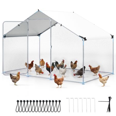 Gallinero exterior de acero galvanizado con cubierta impermeable, ideal para aves, con malla hexagonal y puerta.