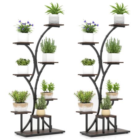 Soporte de plantas de 8 niveles en marrón y negro con luces ajustables, ideal para balcones y optimización del espacio vertical.