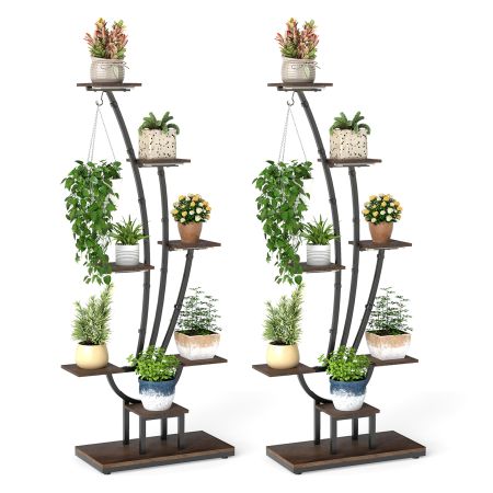 Soporte para plantas de interior con 8 niveles, estructura metálica marrón y negro, y luces de crecimiento ajustables.