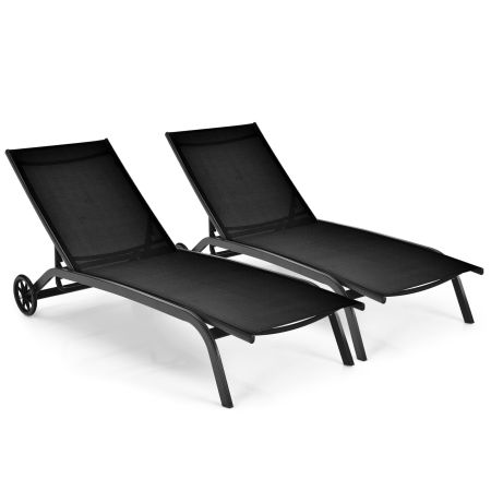 Juego de 2 tumbonas negras con ruedas, tejido de secado rápido y respaldo reclinable en 6 posiciones para exterior.