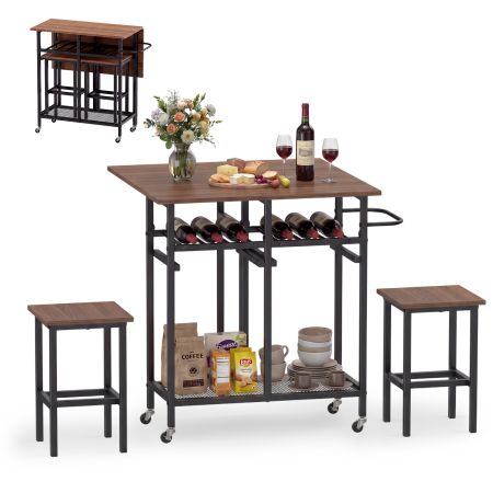 Mesa de comedor plegable marrón con 6 botelleros, 2 taburetes y ruedas, ideal para cocina y almacenamiento práctico.
