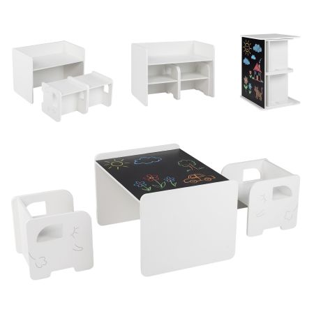 Conjunto de mesa y sillas infantiles blancas con pizarra integrada, ideal para actividades y juegos de niños de 3+ años.