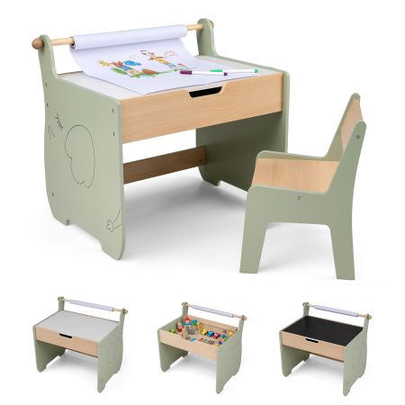 Mesa y silla infantil verde y natural con pizarra reversible, almacenamiento oculto y rollo de papel para actividades creativas.