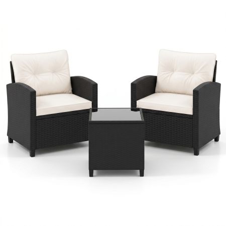 Sillas de patio de ratán PE negro con cojines de respaldo blanco, perfectas para un ambiente exterior cómodo y elegante.