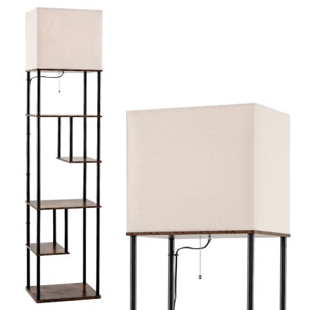 Lámpara de pie industrial con 5 estantes abiertos escalonados y pantalla de lino, ideal para salón o dormitorio.