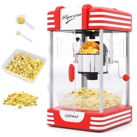 Máquina de palomitas antigua de 300W con olla de acero inoxidable, luz halógena y bandeja de servicio roja para.