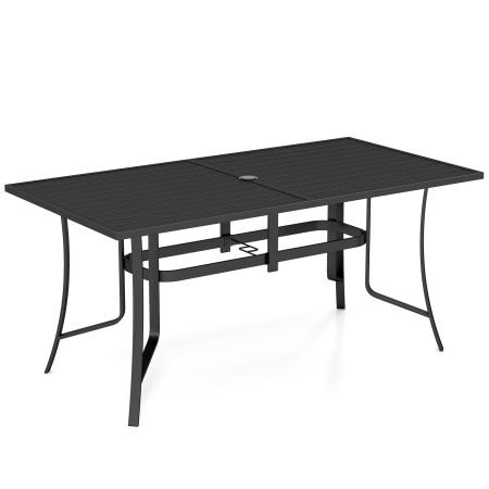 Mesa de jardín negra de 160x84 cm para 6 personas, con orificio para sombrilla y estructura de metal resistente.