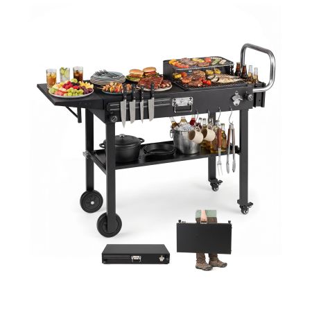 Mesa de parrilla plegable con encimera de metal galvanizado, estante inferior y bandeja lateral, ideal para exteriores.