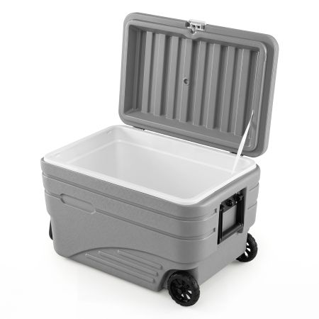 Nevera portátil rígida de 80L en gris, con ruedas y mango plegable, ideal para camping y actividades al aire libre.
