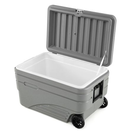 Nevera portátil rígida de 98L en gris, con ruedas, mango plegable y drenaje, ideal para camping y playa.
