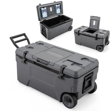 Nevera portátil de 70L con ruedas, carcasa HDPE y ventana abatible, ideal para camping y actividades al aire libre.