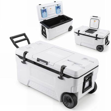 Nevera portátil de 70L con ruedas, carcasa de HDPE y ventana abatible, ideal para camping y playa.