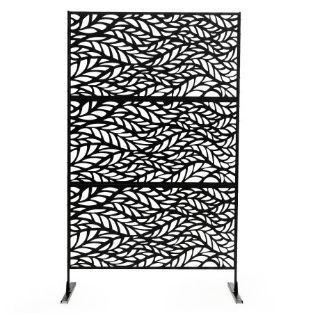 Biombo independiente de metal galvanizado con elegante diseño de hojas, ideal para crear ambientes privados en exteriores.