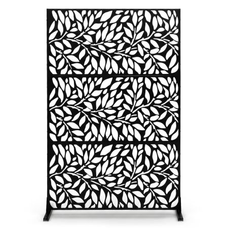 Pantalla de privacidad exterior de metal galvanizado con diseño de hojas, ideal para dividir espacios en patio o jardín.