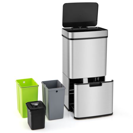 Contenedor de basura de acero inoxidable de 72 L con sensor de movimiento, incluye dos cubos extraíbles para reciclaje.