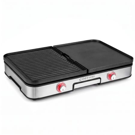 Parrilla eléctrica 3 en 1 con 2 placas reversibles, superficie antiadherente y temperatura ajustable para asar y.