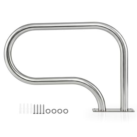 Pasamanos de piscina en acero inoxidable con diseño curvo, soporta hasta 180 kg y fácil instalación en suelos húmedos.