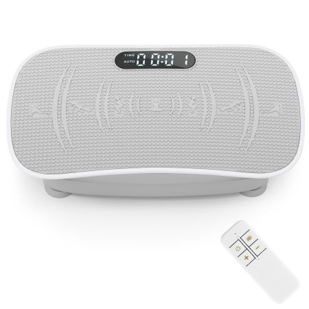 Plataforma vibratoria muscular gris con control remoto y 10 intensidades, ideal para quemar calorías y tonificar.
