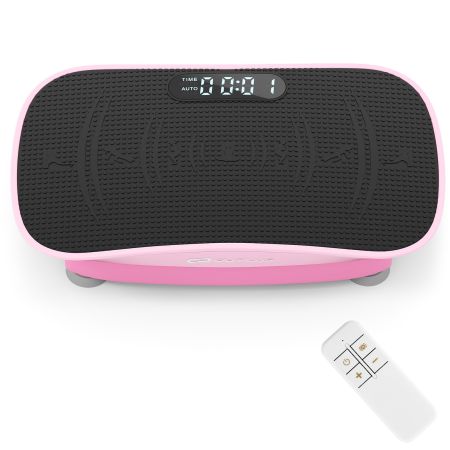 Plataforma vibratoria muscular rosa y negra con control remoto, 10 intensidades, ideal para quemar calorías y tonificar.
