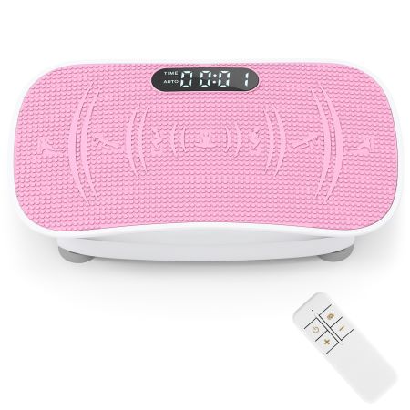 Plataforma vibratoria muscular en color blanco y rosa, con control remoto y 10 intensidades para tonificar músculos.
