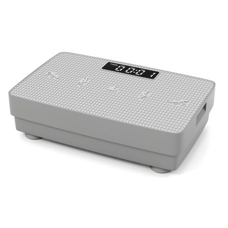 Plataforma vibratoria gris con pantalla LED y control remoto, diseñada para ejercicios completos y quema de grasa en.