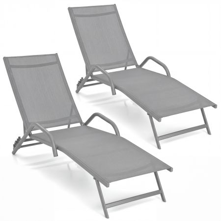 Set de 2 tumbonas reclinables grises con 5 posiciones ajustables, ideales para patio, jardín o piscina.