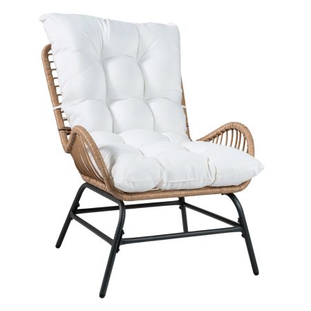 Sillón de ratán XXL con cojín grueso, ergonómico y duradero, ideal para jardín o terraza, soporta hasta 180 kg.