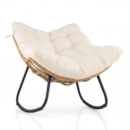 Silla mecedora de huevo en ratán PE con cojín extraíble, marco metálico, ideal para jardín o porche.