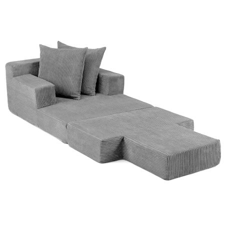 Sofá cama plegable gris con dos almohadas, tejido de felpa suave y funda lavable, ideal para salón y visitas.