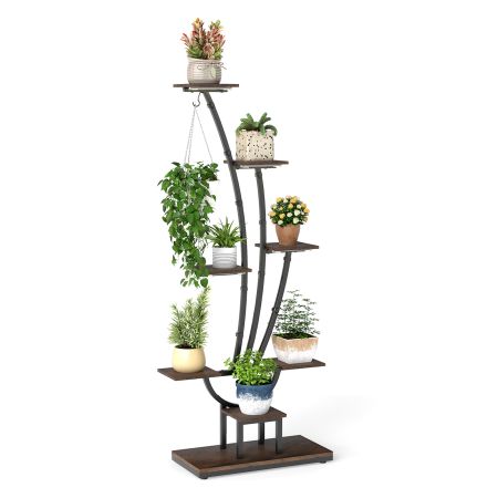 Estante de metal de 8 niveles para plantas con luces de crecimiento, ideal para interiores y exhibición decorativa.