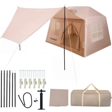 Tienda inflable para 4-6 personas en caqui con ventanas de malla, estacas y cuerdas, ideal para camping y senderismo.