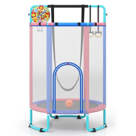 Trampolín infantil 6 en 1 con columpio, barra de gimnasia y red de seguridad, ideal para juegos en interior y exterior.