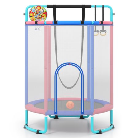Centro de juegos multifuncional para niños con cama elástica, columpio, canasta y anillas, ideal para interiores y exteriores.