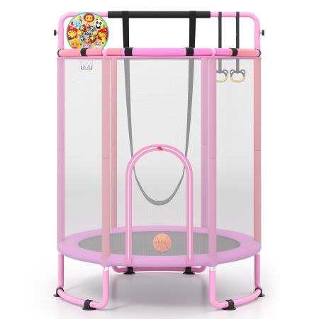 Trampolín infantil multifuncional en rosa con columpio, anillas, canasta y red de seguridad, ideal para juegos interiores y exteriores.