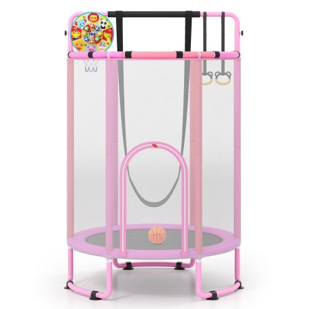Trampolín infantil 6 en 1 en color rosa con columpio, barra de gimnasia y red de seguridad, ideal para jugar en interiores y exteriores.
