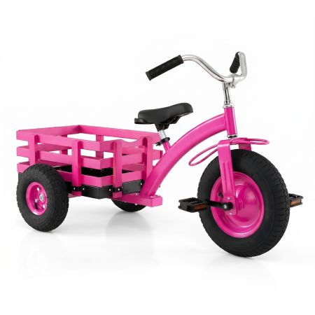 Triciclo infantil rosa con neumáticos de goma antideslizantes y estructura metálica, diseñado para estabilidad y seguridad.