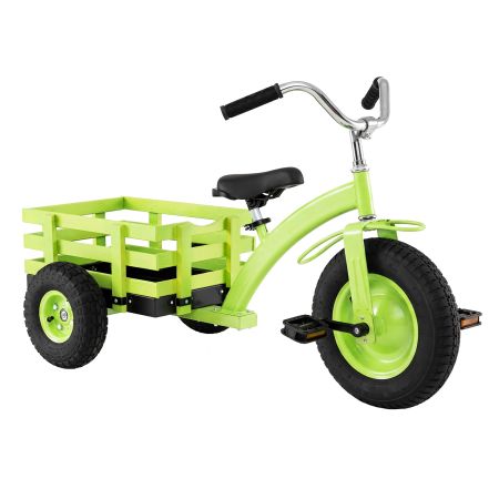 Triciclo infantil evolutivo en verde con cesta de almacenamiento, asiento y manillar ajustables para niños de 3 años en adelante.