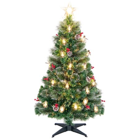 150 cm Árbol de Navidad Artificial con 8 Modos de Iluminación 49 Luces LED Cálidas Fibras Ópticas Agujas de Pino Piñas Bayas Rojas