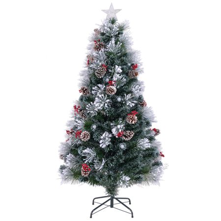 180 cm Árbol de Navidad Flocado Artificial con 220 Ramas Agujas de Pino 24 Racimos de Bayas Rojas 24 Piñas Fibras Ópticas 63 Luces LED