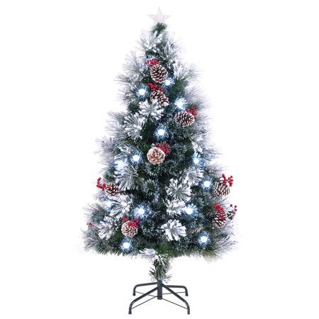 150 cm Árbol de Navidad Flocado Artificial con 170 Ramas Agujas de Pino 18 Racimos de Bayas Rojas 18 Piñas Fibras Ópticas 49 Luces LED