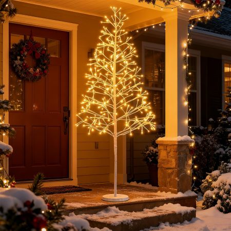 MÁrbol de Abedul Iluminado de 15M Árbol de Ramas Preiluminado con 280 Luces LED Blancas Cálidas Base con Peso Decoración Artificial Blanco