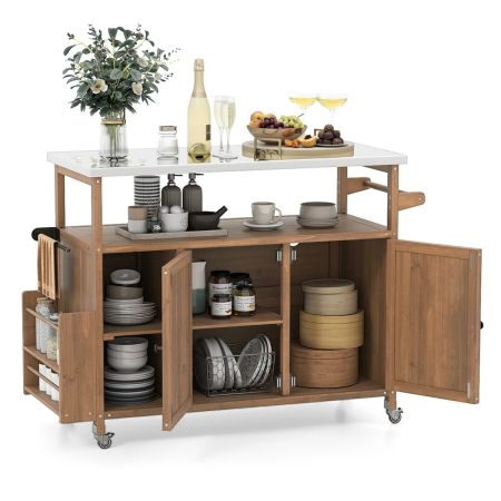 Carro para Parrilla Exterior de 130 cm con Encimera de Acero Inoxidable Isla de Cocina de Madera de Abeto con Ruedas Bloqueables  Marrón