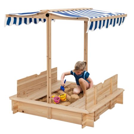 Costway Arenero Infantil de Exterior Arenero de Madera con 2 Bancos Convertibles y Techo Regulable en Altura sin Fondo 110 x 107 x 121 cm