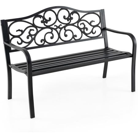 128 cm Banco de Jardín Banco de Patio de Metal de Hierro Fundido con Respaldo de Diseño Floral Reposabrazos y Asiento de Listones Negro